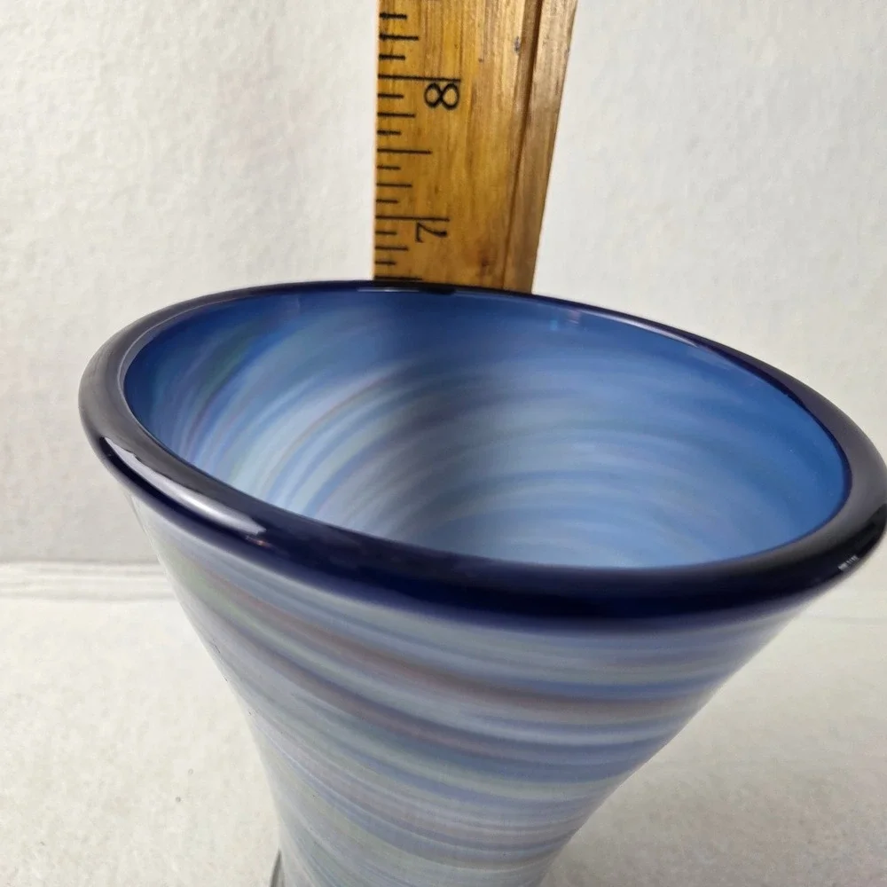 Hand Blown Art Glass Swirl Vase Blue Purple Green Marbled Tapered 7.25 inch